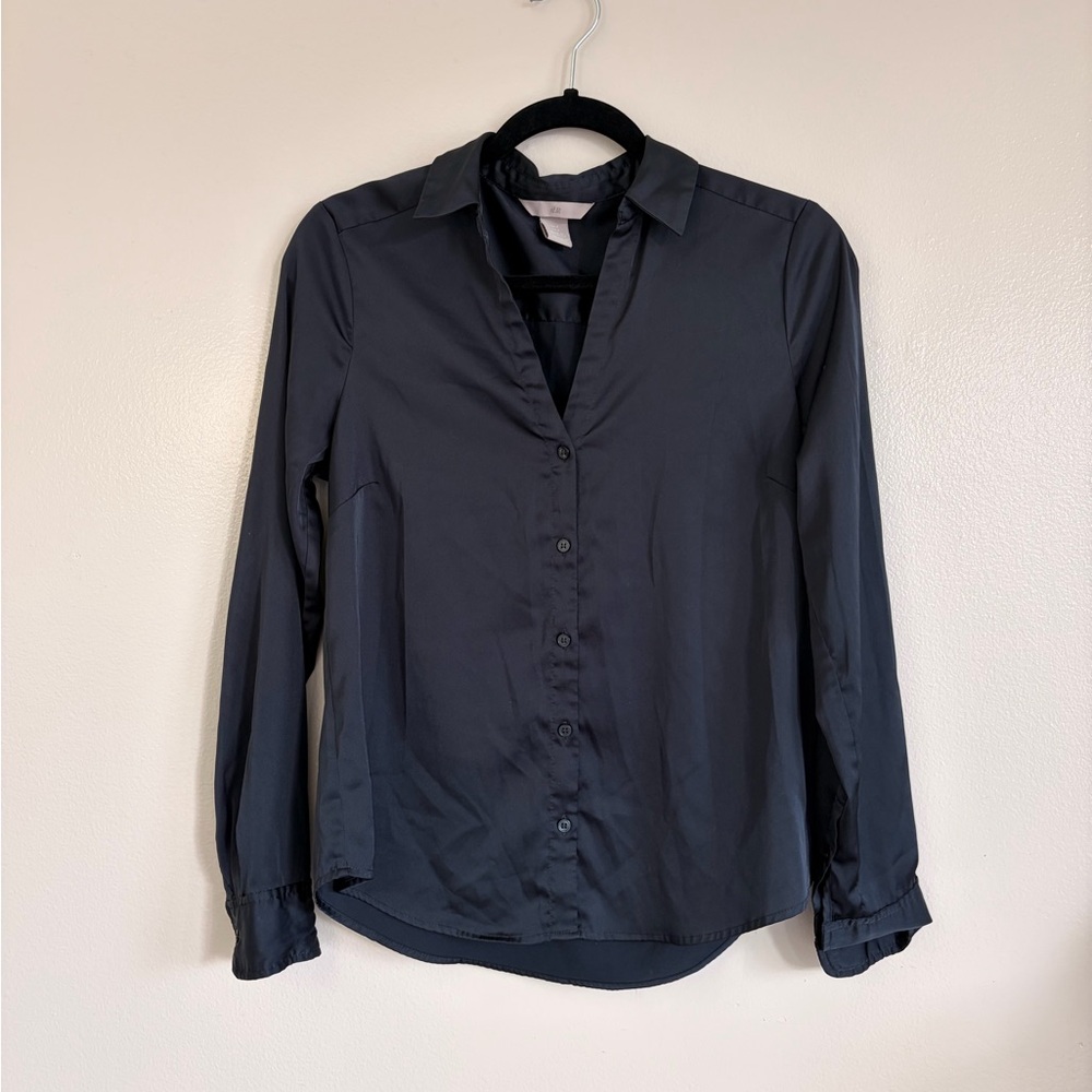 Silky Navy Button-Up Blouse